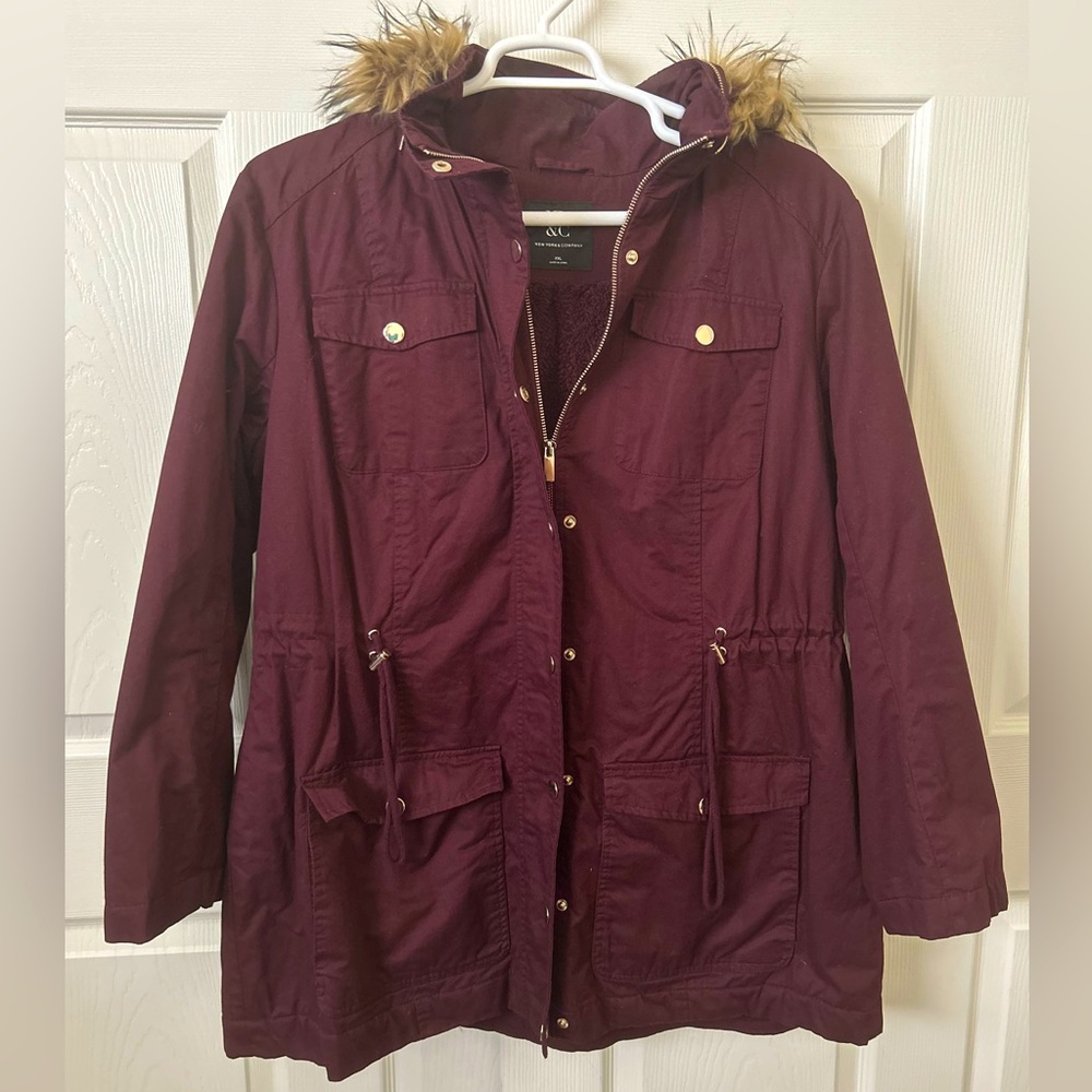 NY&C fur hoodie zip up jacket maroon